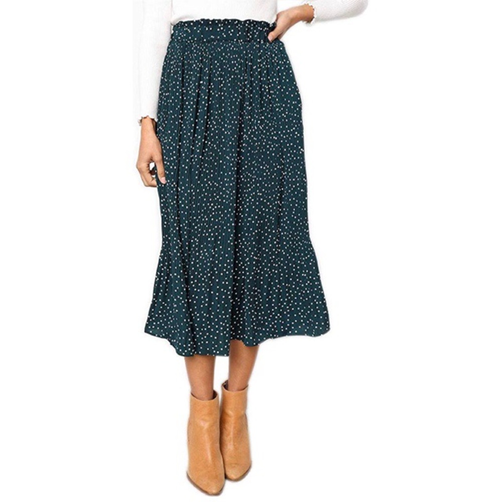 Polka dot pleated midi skirt w/ pockets